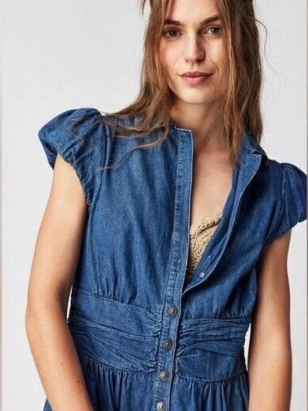 Free People Chester Denim Mini Dress Smocked Waist Small $128 - Picture 2 of 16